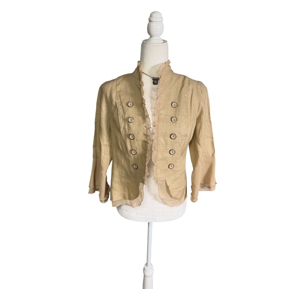 Multiples Tops - Multiples Linen Military Jacket Petite Medium Beige Ruffle Trim Open Front